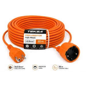 Prelungitor fișă-priză, cablu 3x2.5 mmp, 20 metri, cu protecție copil TEKSA