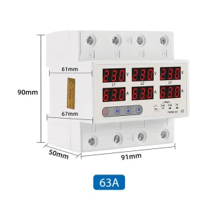Releu digital trifazat pentru protecție la supratensiune, subtensiune și supracurent, 230V, 63A, TEKSA