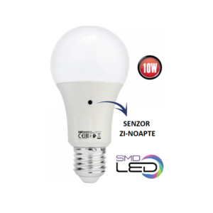 Bec LED PLUS cu senzor zi-noapte, A60, 10W, E27, 4000K lumină neutră, 900lm, 170-265V, Eurolamp