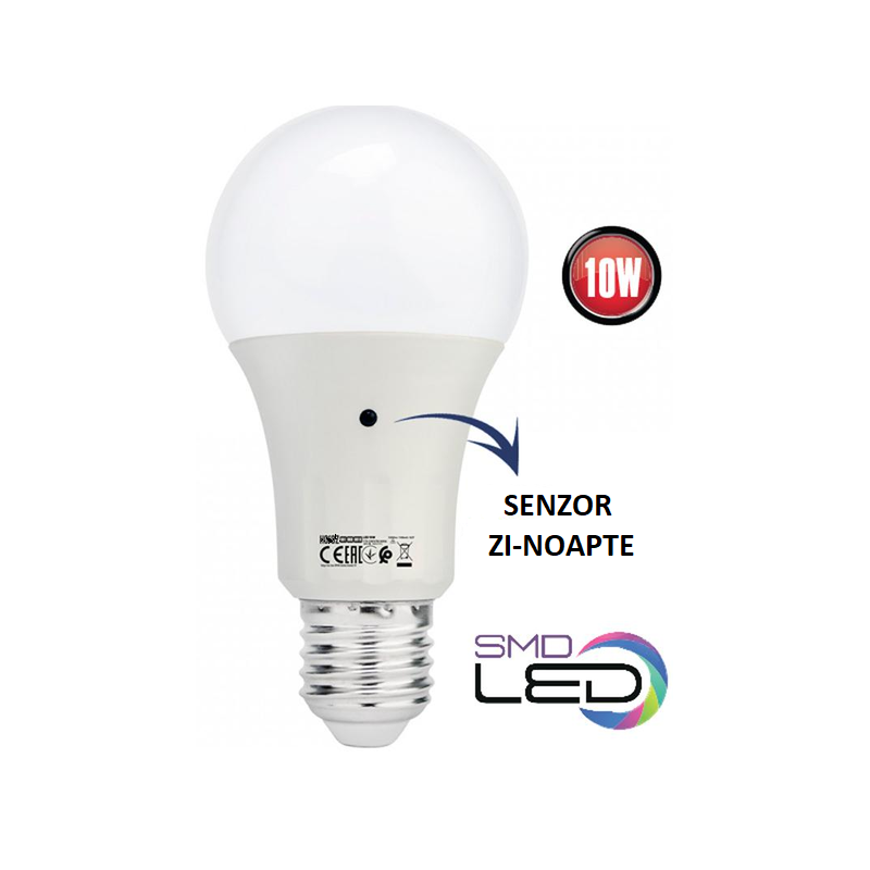 Bec LED PLUS cu senzor zi-noapte, A60, 10W, E27, 4000K lumină neutră, 900lm, 170-265V, Eurolamp