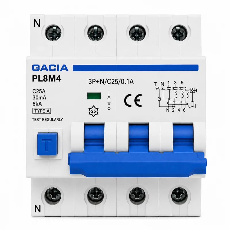 Întrerupător automat RCBO PL8M4, 3P+N, C25A, 30mA, 6kA, TYPE A, GACIA