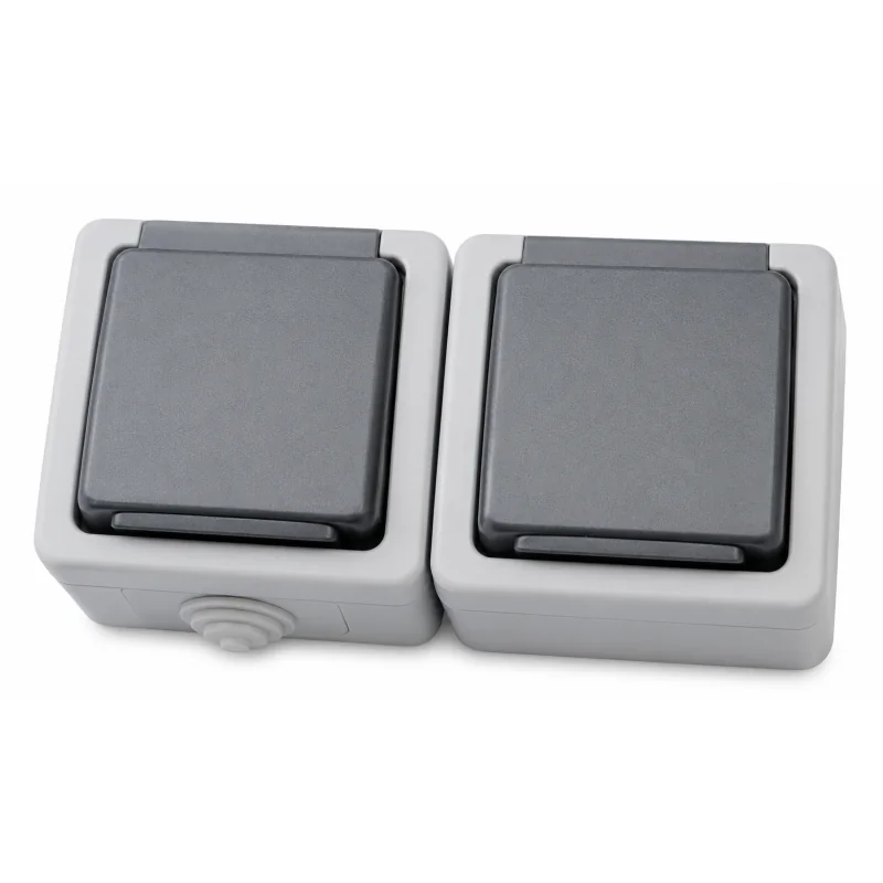Priză aplicată dubla cu capac gri, IP54, 16A, Eurolamp