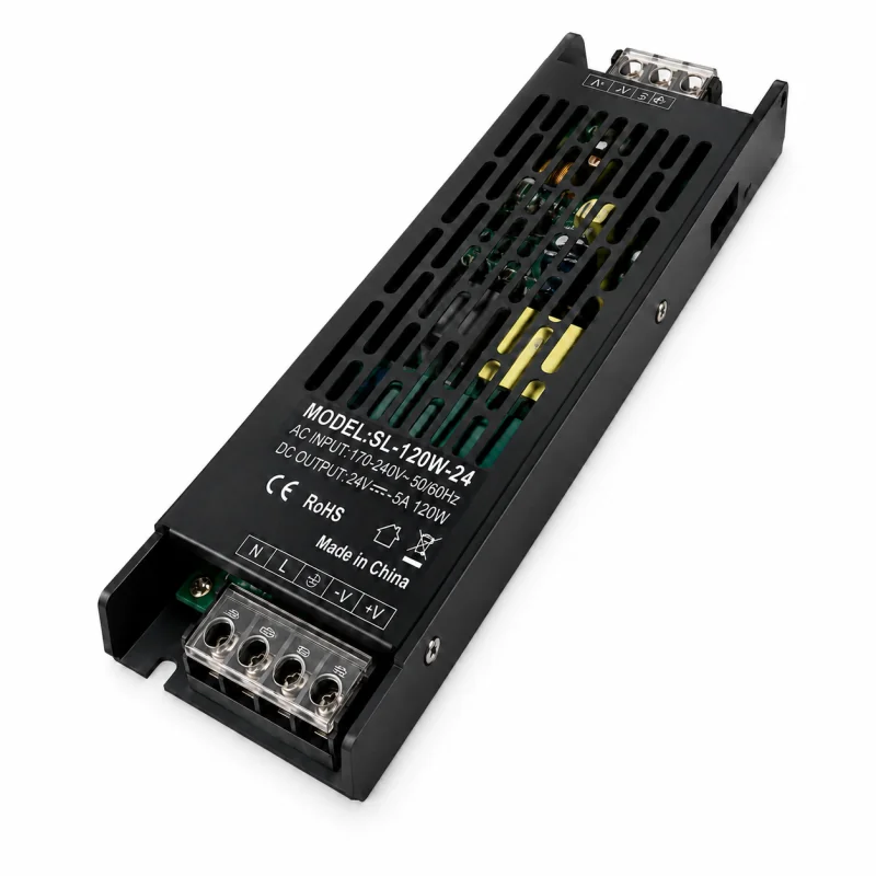 Transformator subțire din aluminiu PRO pentru bandă LED 24V DC, 120W, 5A, IP20,